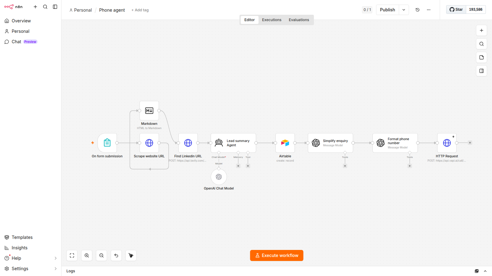 Phone agent workflow canvas