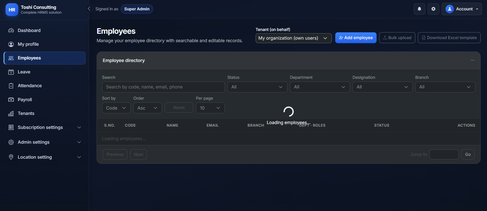 Employee directory in Toshi HRMS